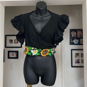 Hecho Mexico True Wrap Crop Top Womens M Sunflower Embroidery Prarie Cottagecore